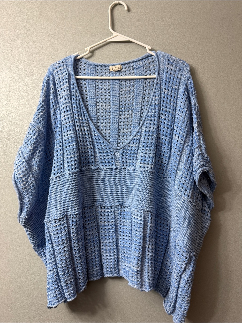 POL Light Blue Open-Knit V-Neck Sweater medium